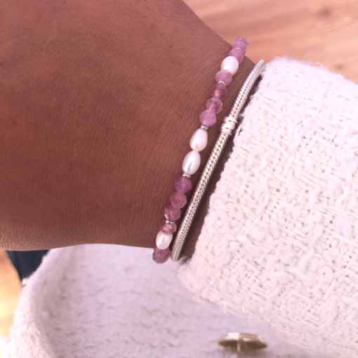 Bracelet composé de perles d'eau douce et de tourmaline rose - Fermoir en acier inoxydable argenté